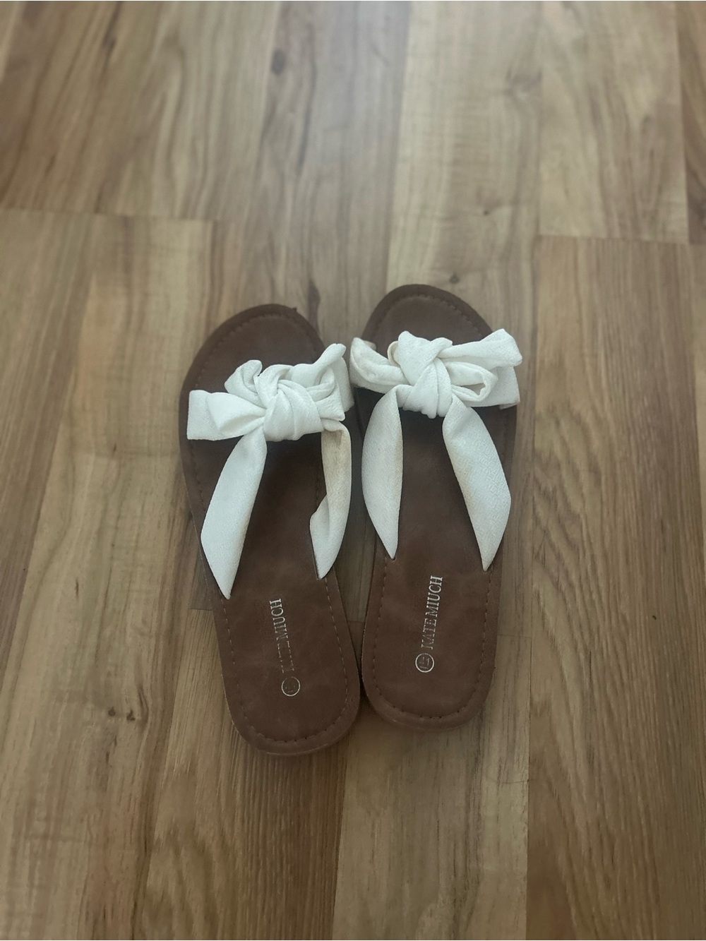 Women's Brown Slide Sandals with White Bow Trim